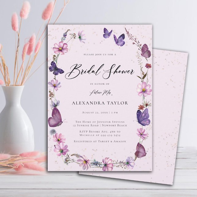 Convites Flores selvagens Borboletas Boho Frame Chá de pane (boho wildflowers frame butterflies garden pink purple bridal shower invitation elegant rustic)