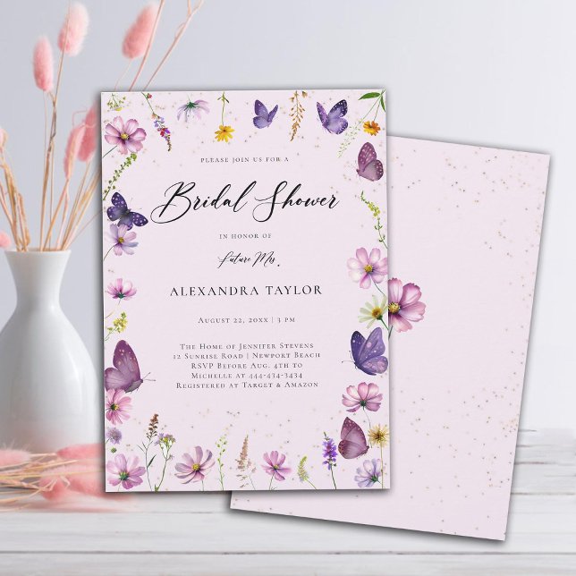 Convites Flores Selvagens Borboletas Boho Garden Chá de pan (wildflowers frame butterflies garden bridal shower invitation elegant boho modern rustic romantic)