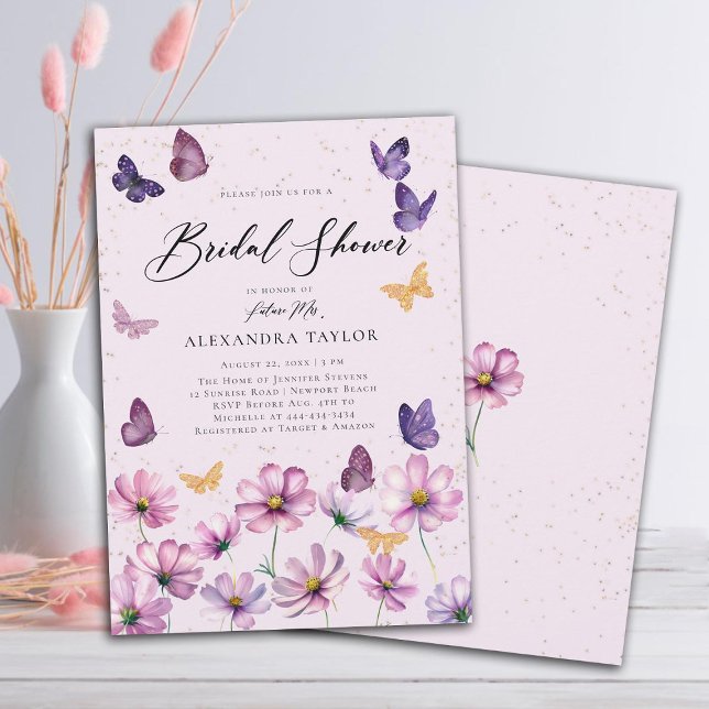 Convites Flores Selvagens Borboletas Chá de panela de Jardi (wildflowers butterflies pink purple garden bridal shower invitation elegant boho modern rustic gold)