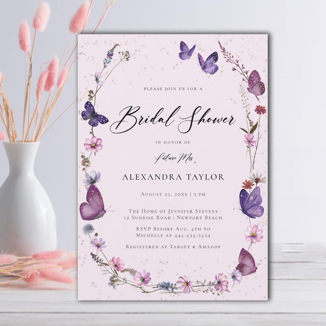 Convites Flores Selvagens Borboletas Frame Chá de panela (butterflies wildflowers boho floral frame pink purple bridal shower invitation elegant rustic chic)