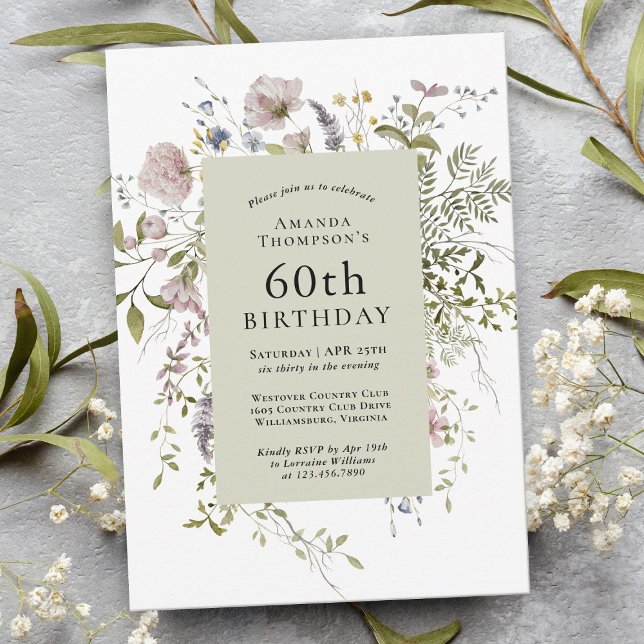 Convites Flores Selvagens Botânicas Elegantes 60º aniversár (Criador carregado)