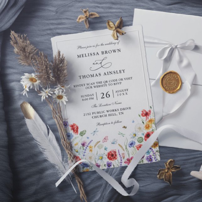 Convites Flores Selvagens Casamento QR Code Moderno Elegant (Criador carregado)