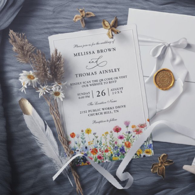 Convites Flores Selvagens Casamento QR Code Moderno Elegant (Criador carregado)