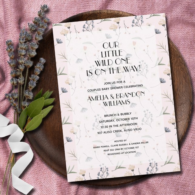 Convites Flores Selvagens, Chá de fraldas Rosa (Wild One is on the Way! Wildflowers on pink girl baby shower invitations INSTANT DOWNLOAD & PRINTED)
