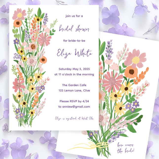 Convites Flores Selvagens, Chá de panela Personalizado Doce (Wildflowers Handpainted Sweet Custom Bridal Shower Invitation Floral Colorful Dainty Spring Summer
)