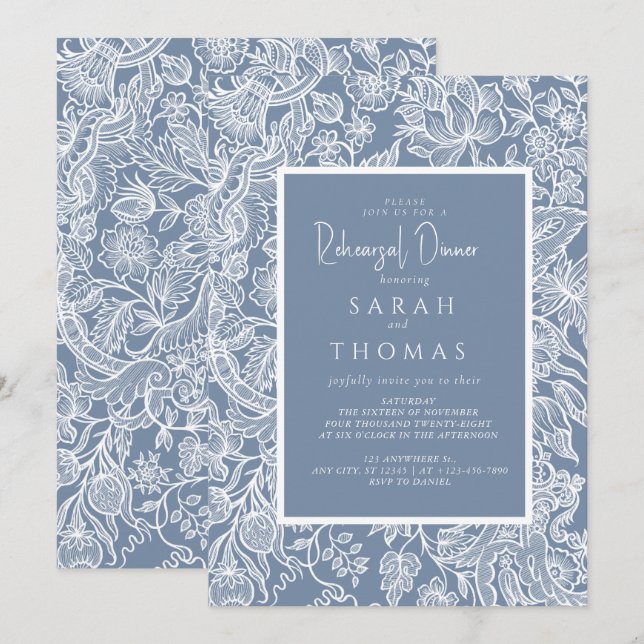 Convites Flores Selvagens de Arte da Linha Azul Dusty (Frente/Verso)