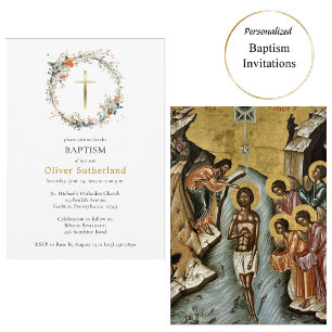 Convites Flores Selvagens Douradas Cruz Ortodoxa Batismo