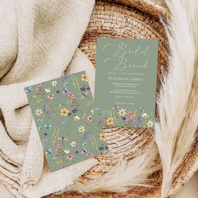 Convites Flores Selvagens e Borboleta Sage Green Bridal Bru (Criador carregado)