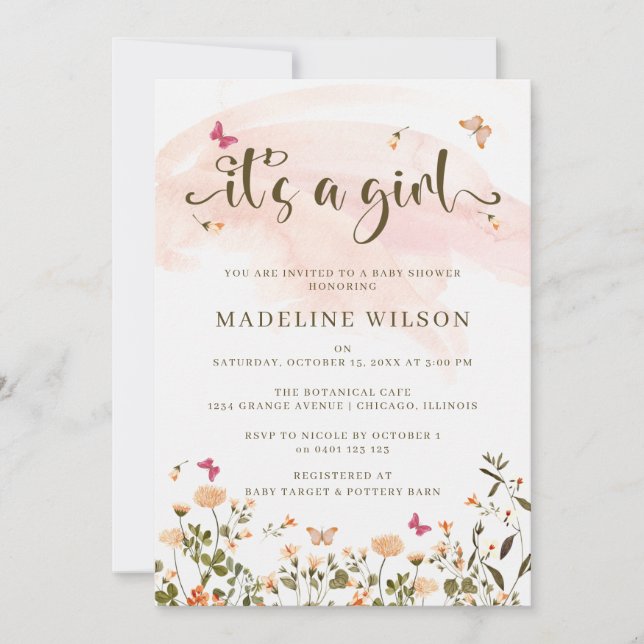 Convites Flores selvagens e borboletas | Chá de fraldas Ele (Frente)