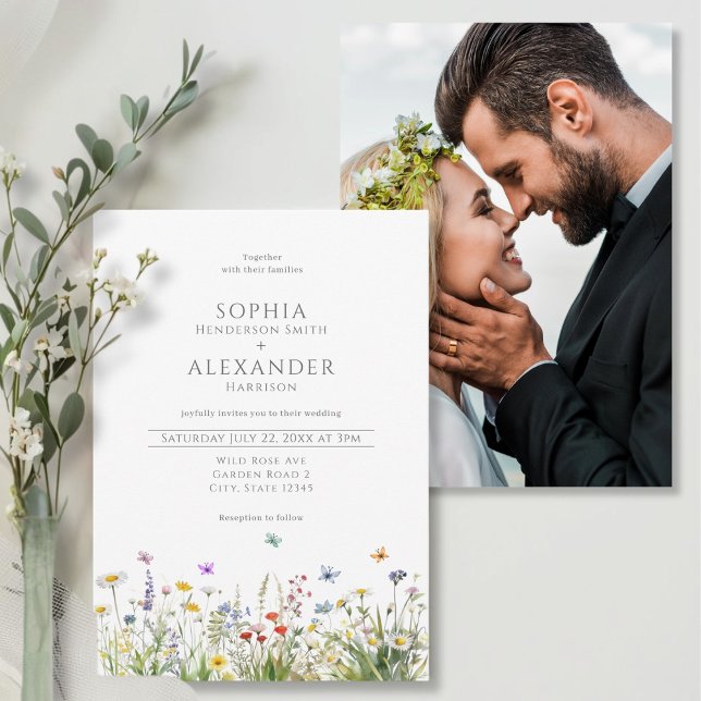 Convites Flores selvagens e casamento fotográfico (Wildflower and Photo Wedding  Invitation - front and back)