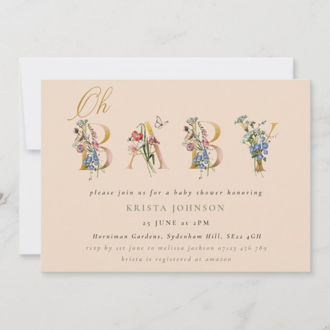 Convites Flores selvagens e Chá de fraldas Dourado Inv (Frente)