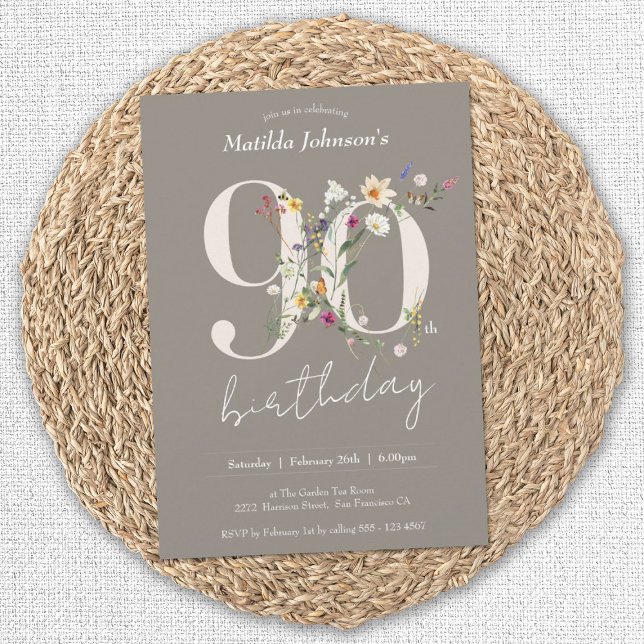Convites Flores selvagens Elegante 90 (90th Birthday Wildflowers Elegant Floral Invitation)