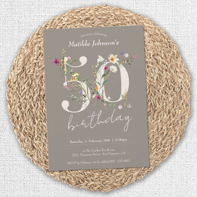 Convites Flores selvagens Elegante Floral 50º Aniversário (50th Birthday Wildflowers Elegant Floral Invitation)