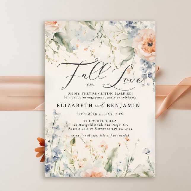 Convites Flores selvagens Fête Romântica Festa de noivado d (fall engagement party invitations wildflowers rust burnt orange blue elegant watercolor casual chic)