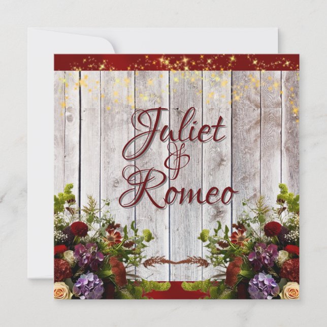 Convites Flores selvagens, Fita Vermelha e Luzes Casamento  (Frente)