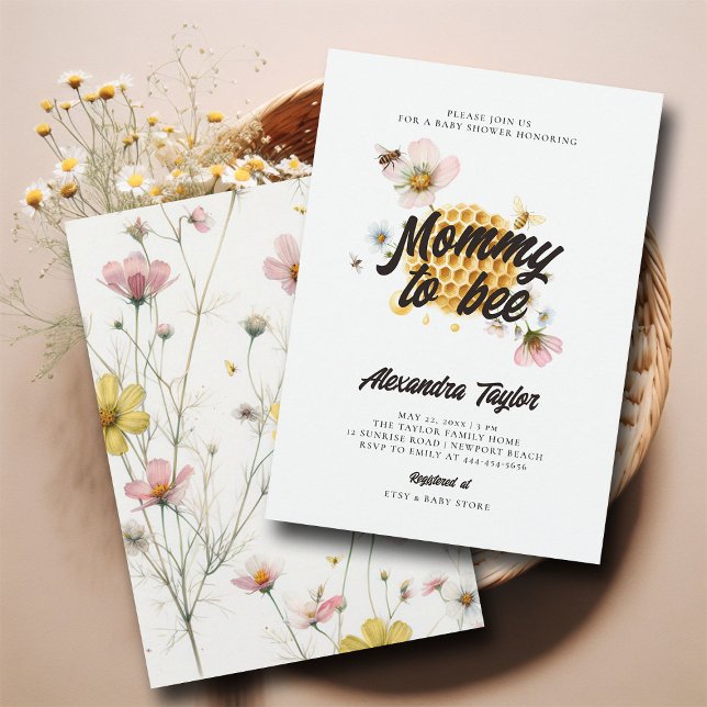 Convites Flores selvagens Mamãe de mel para o Chá da Bebê (mommy to bee baby girl shower invitation watercolor illustration honey combs whimsical wildflowers)