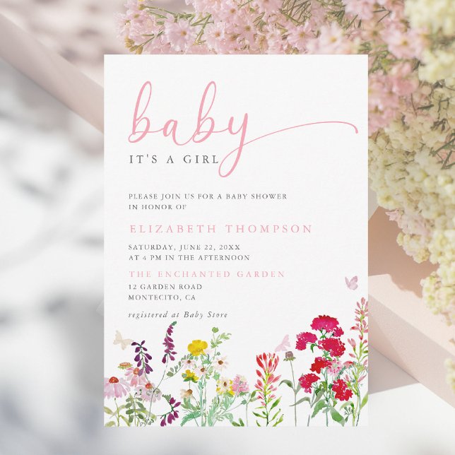 Convites Flores selvagens Meadow Sunny Floral Chá de fralda (wildflowers baby girl shower invitation colorful floral elegant modern calligraphy garden party)