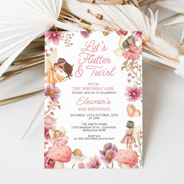 Convites Flores Selvagens Modernas Flutter Twirt Fairy Birt (Wildflowers and Fairies Birthday Invitation, Lets Flutter and Twirl Fairy Invitation, Any Age Fairy )