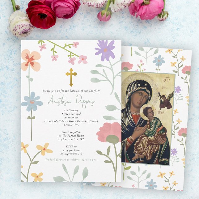 Convites Flores selvagens ortodoxos gregos de Natal Batismo (Wildflowers Greek Orthodox Christening Baptism Invitation)