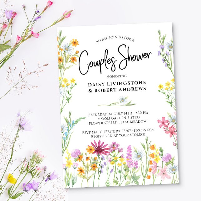 Convites Flores Selvagens Prateadas De Casais Bastante Flor (Couples Shower Invitation from the Wildflower Meadow Bridal Shower Collection)