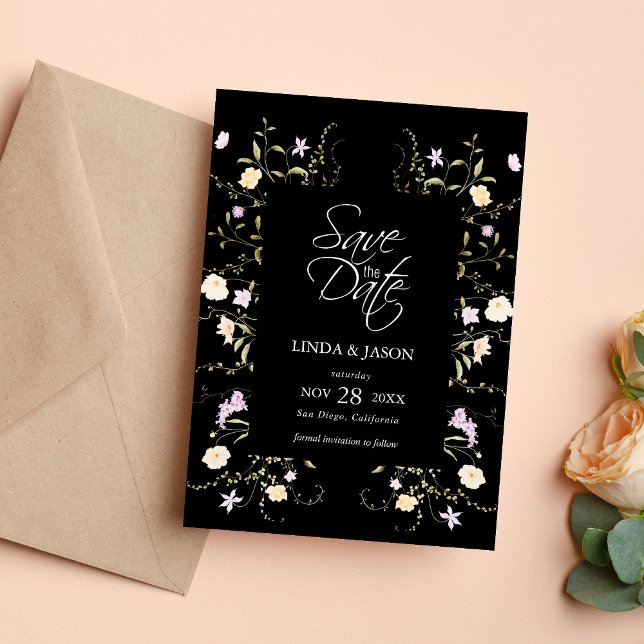 Convites Flores Selvagens Pretas e Brancas Casamento Salve  (Black and white wildflowers save the date invitation sets a timeless tone for your wedding day)