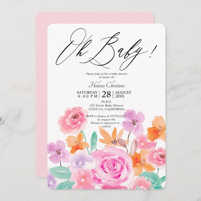 Convites Flores selvagens primavera chá de fraldas de aquar (Frente/Verso)