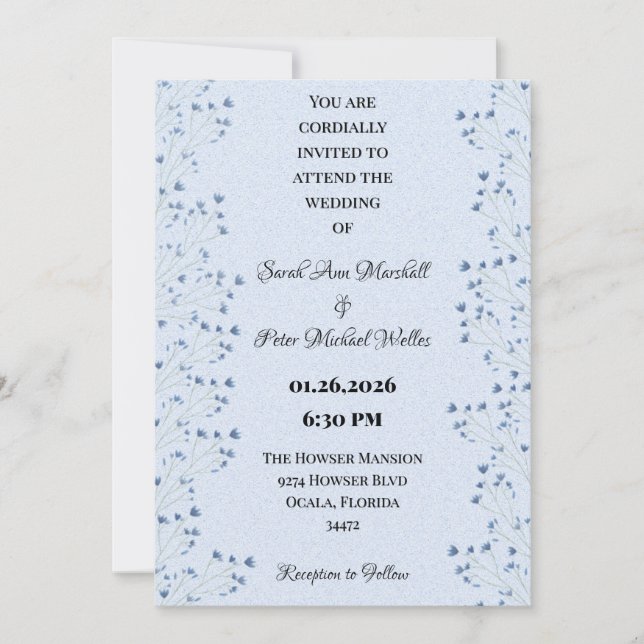 Convites Flores Selvagens Românticas Delicar Azul Escuro (Frente)