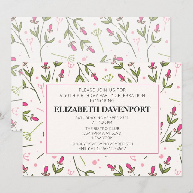 Convites Flores Selvagens, Rosa e Verde, Aniversário (Frente/Verso)