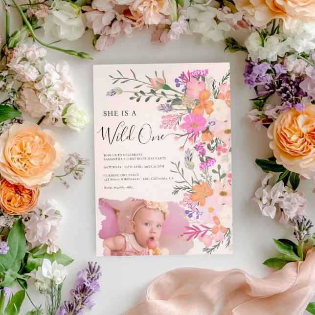 Convites Flores Selvagens Rosa Selvagens Uma Foto Primeiro  (Pink Wildflowers Wild One Photo First Birthday Invitation)