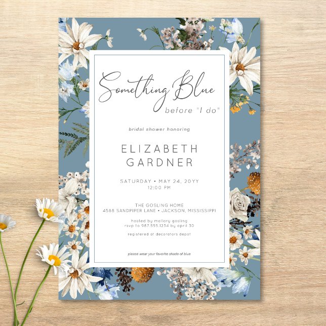 Convites Flores Selvagens Russas Algo Chá de panela Azul (Rustic Wildflowers Something Blue Bridal Shower Invitation)