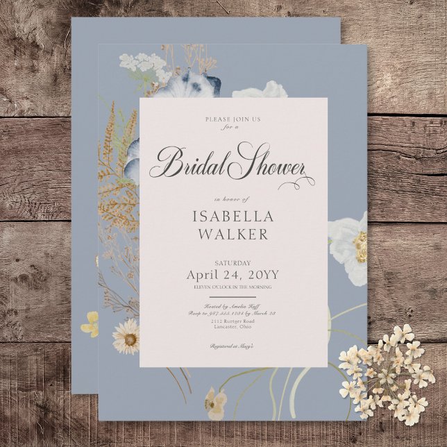 Convites Flores selvagens russas no Chá de panela azul empo (Rustic Wildflowers on Dusty Blue Bridal Shower Invitation)