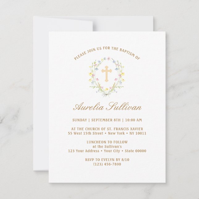 Convites Flores Selvagens Simples Pastel Wreath Baptism (Frente)
