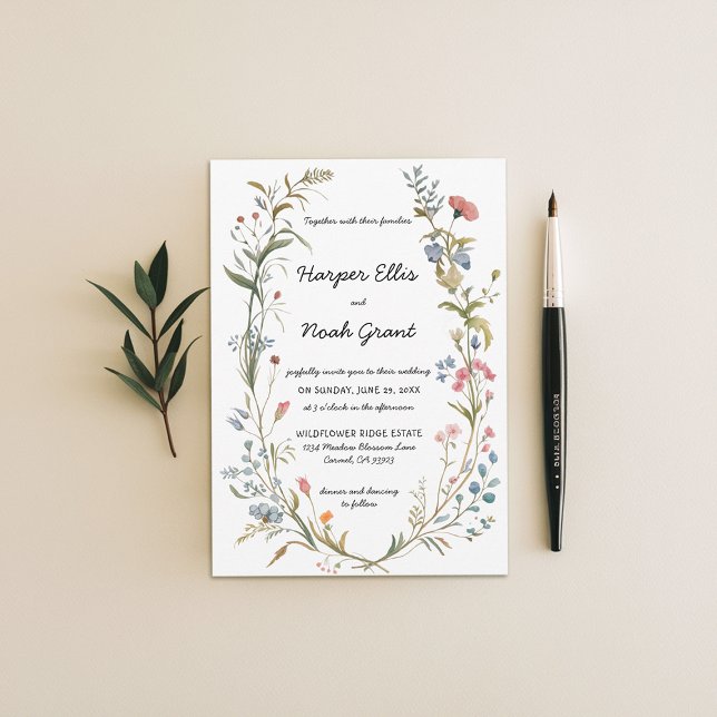 Convites Flores Selvagens Tema Pastel Azul Casamento Escrit (wildflowers wedding invitation manor floral frame hand-written modern garden backyard barn blue pink)
