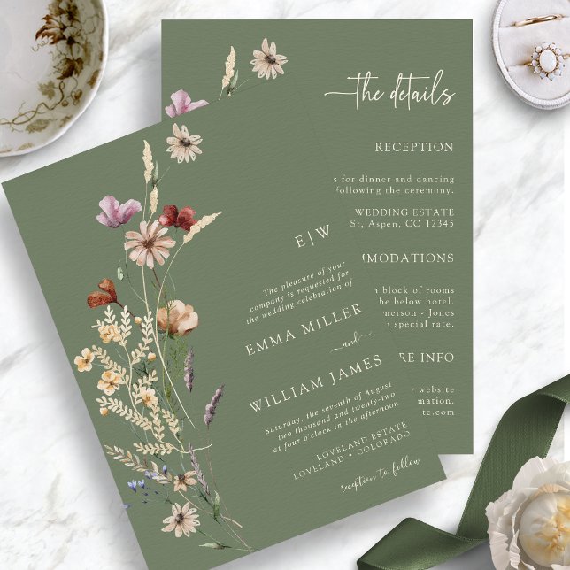 Convites Flores Selvagens Whimssage Verde Tudo Em Um (Whimsical Wildflowers Sage Green  Boho Wedding Invitation Details by Painted Paperie
)