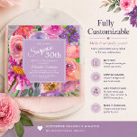 Convites Flores Silvestres Aguarela Roxo Rosa Aniversário d<br><div class="desc">Elegante convite de aniversário surpresa de 30 anos com flores roxas e rosas em quadrado rosa. O texto,  a fonte,  o tamanho e a cor da fonte são totalmente personalizáveis,  para que este cartão possa ser adaptado perfeitamente às suas necessidades.</div>