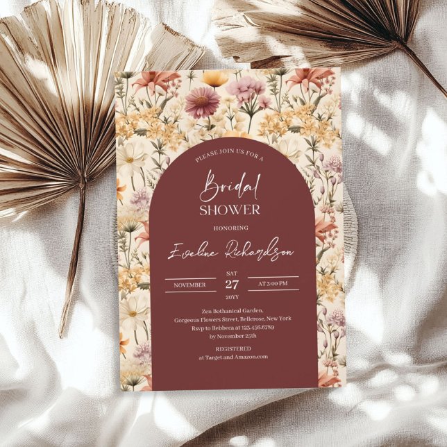Convites Flores silvestres amarelas burgundy do arco-de-boh (Boho arch watercolor burgundy yellow wildflowers invitation)