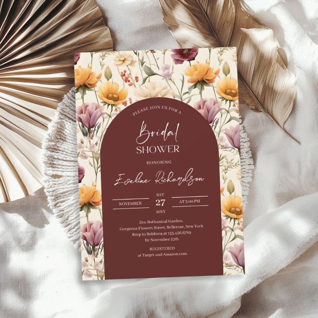 Convites Flores silvestres amarelas burgundy do arco-de-boh (Boho arch watercolor burgundy yellow wildflowers invitation)