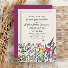 Convites Flores Silvestres Aquarela Creme Roxo Casamento