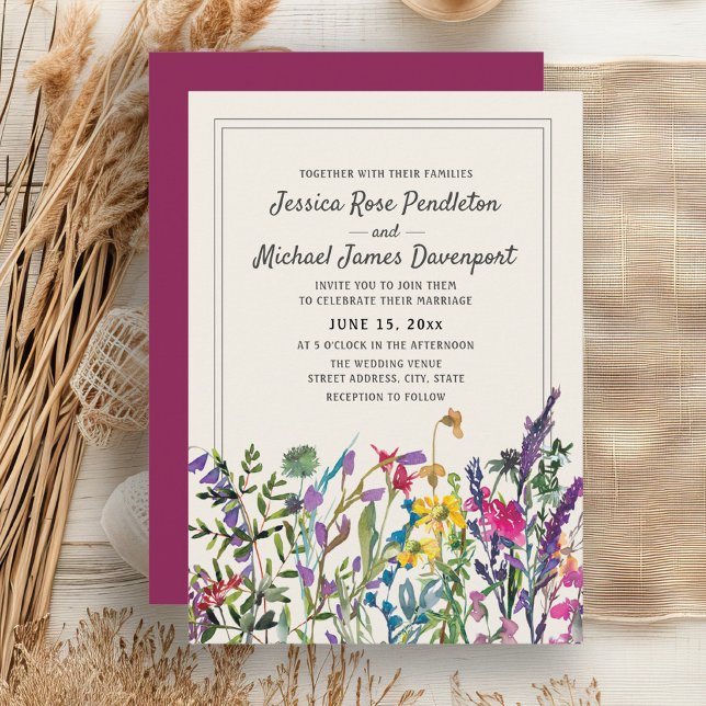 Convites Flores Silvestres Aquarela Creme Roxo Casamento (Watercolor wildflowers wedding invitation)