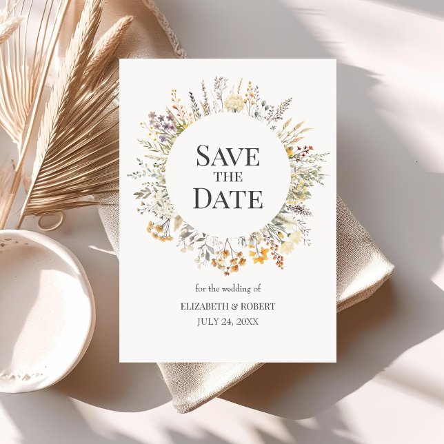 Convites Flores Silvestres Aquarela Pêssego Salvar A Data (Peach Watercolor Wildflowers Save The Date Invitation on a table with neutral boho decoration.)