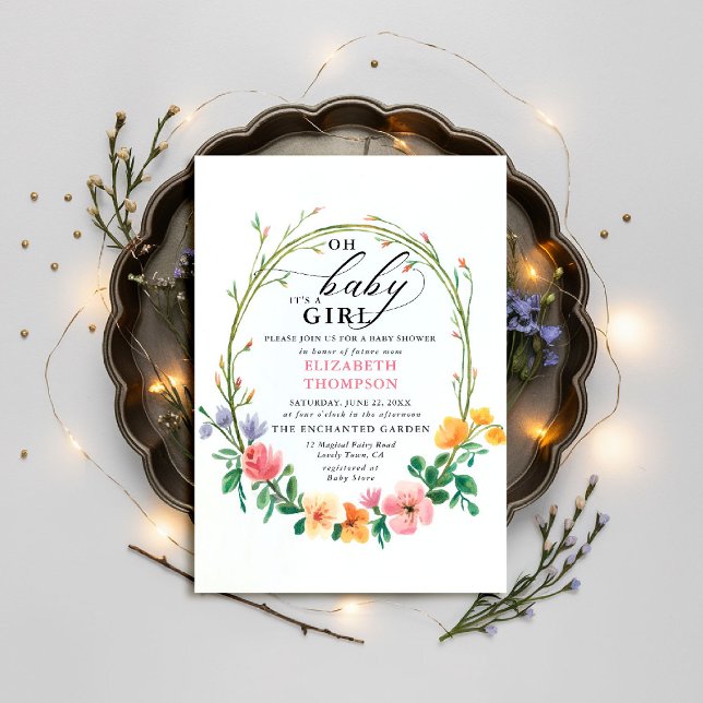 Convites Flores silvestres Aquáticas Chá de fraldas (wildflowers baby shower invitation garden woodland forest spring summer whimsical watercolor)