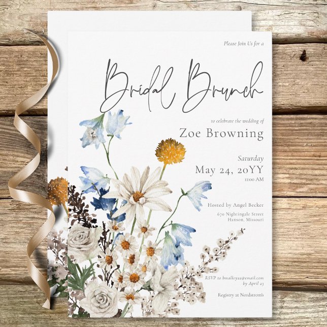 Convites Flores Silvestres Azuis Rústicas e Margaridas Brun (Rustic Blue Wildflowers & Daisies Bridal Brunch Invitation)