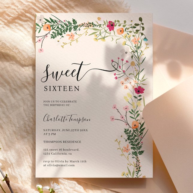 Convites Flores silvestres boêmicas primavera 16 (Bohemian meadow wild flowers spring sweet 16 invitation)