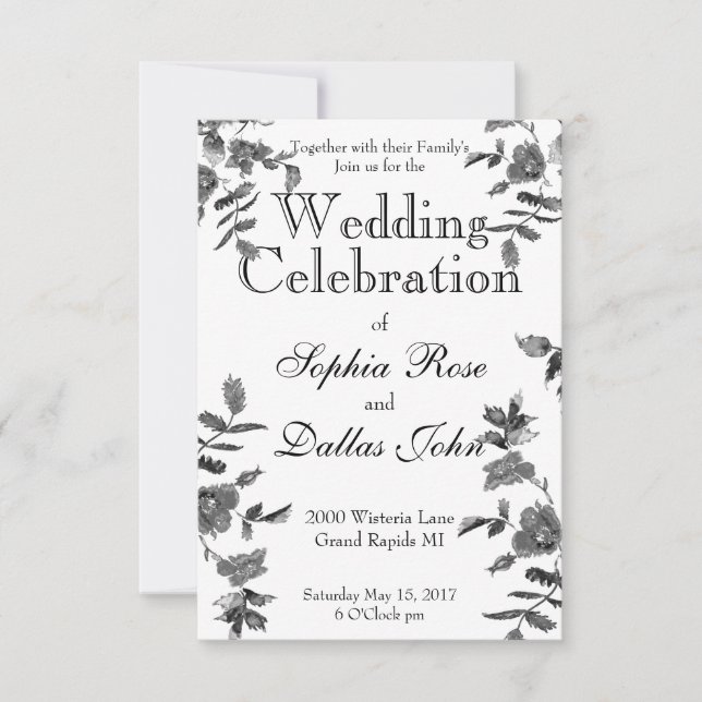 Convites Flores-silvestres brancas-negras modernas e elegan (Frente)