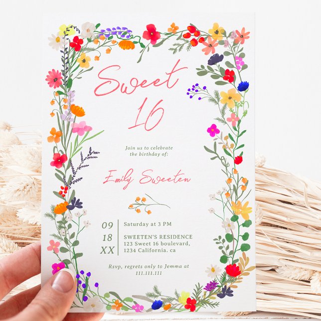 Convites Flores silvestres brilhantes modernas do chic Boho (Modern chic boho bright wild flowers Sweet 16 Invitation)