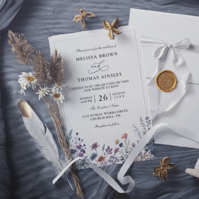 Convites Flores Silvestres Casamento Código QR Elegante Mod (Criador carregado)