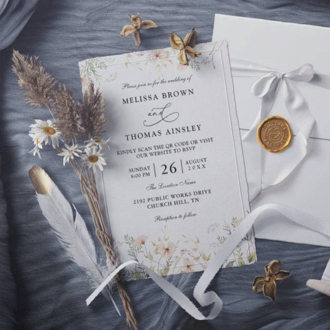 Convites Flores Silvestres Casamento Código QR Elegante Mod (Criador carregado)