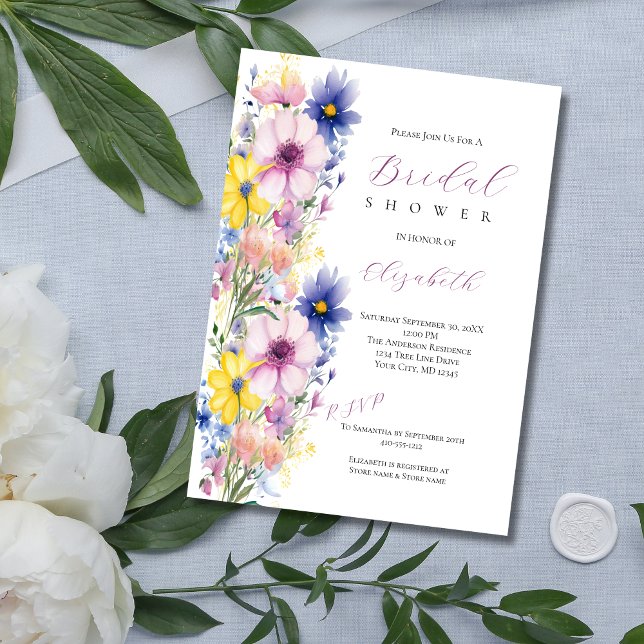 Convites Flores silvestres Chá de panela amarelo-rosa (Wildflower Watercolor Bridal Shower Invitation. Pink Yellow Blue Flowers, Printed or Digital )