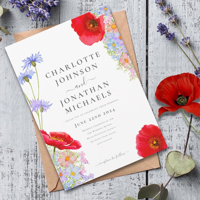Convites Flores Silvestres Coloridas Modernas Casamento (Modern colorful wildflower wedding invitation with red poppy )