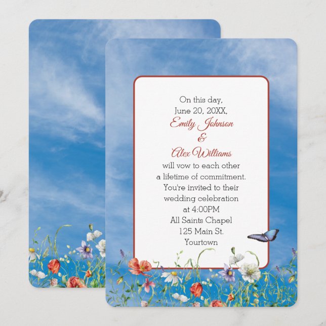 Convites Flores Silvestres de Casamento no Céu de Verão (Frente/Verso)